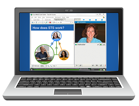An open laptop showing a webinar in progress with a PowerPoint slide and video of a female lecturer.