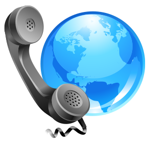 Drawing of a telephone handset next to a globe.